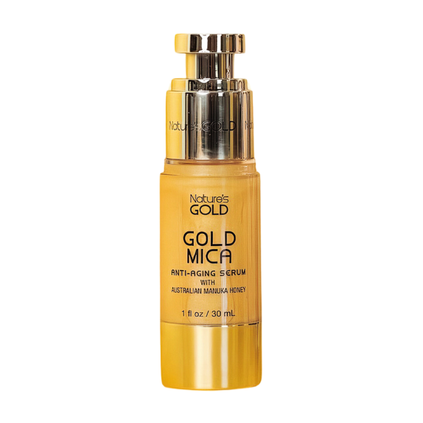 Front side of a bottle of Nature's Gold Gold Mica Serum on white background