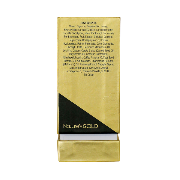 Side of a box of Nature's Gold Gold Mica Serum with ingredients on white background